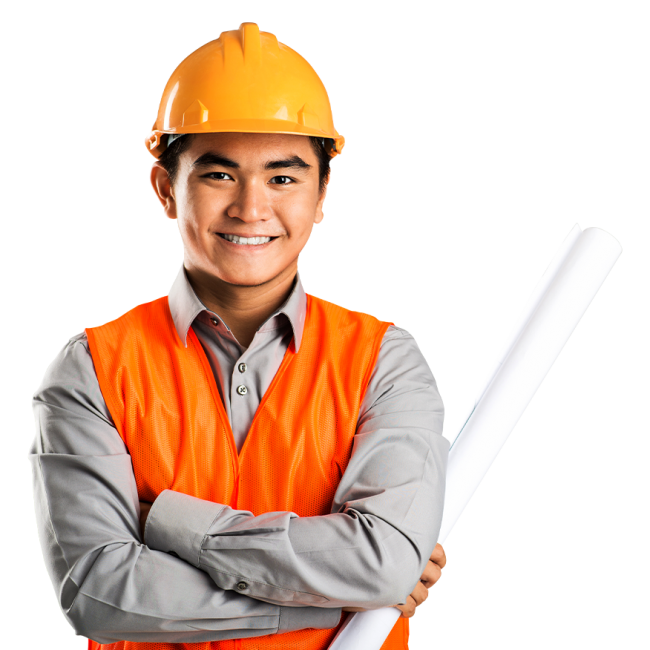 rivo confident male model holding plans wearing construction helmet